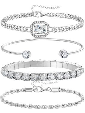 Anthropologie Silver Crystal 4-Piece Bracelet Set